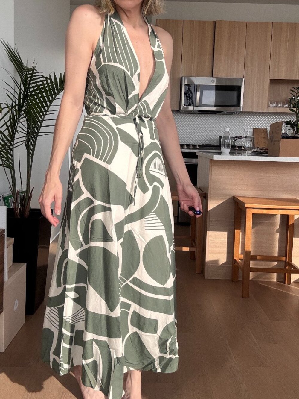 Zara Halter Maxi Dress Green Abstract Print Open Back S
